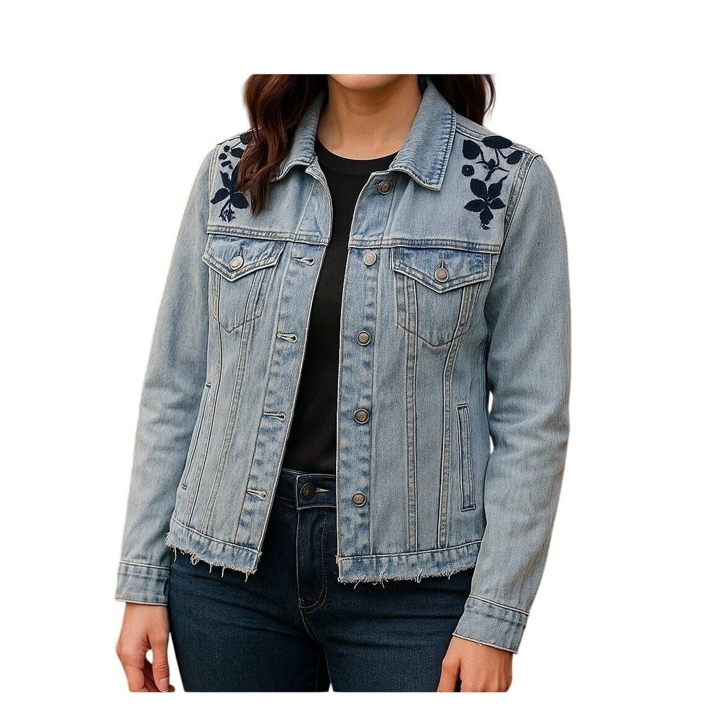 Denim Jacket Boho Trucker Light Wash Women's XS Old Navy Embroidered Floral